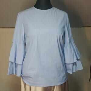 J. McLaughlin Light Blue Ruffle Bell Sleeve Top Women’s M Cotton Stretch Blouse